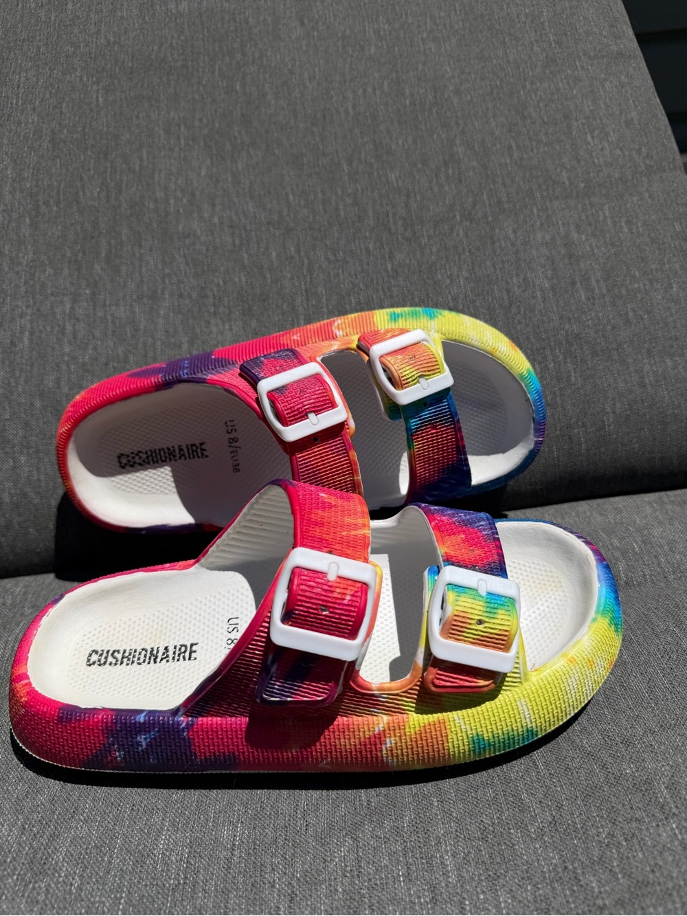 Cushionaire Women’s Rainbow Tie-Dye Double-Buckle Slide Sandals
